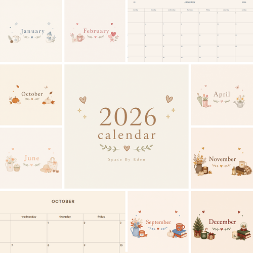 A collage displaying a 2026 aesthetic digital calendar bundle featuring minimalist monthly planners and seasonal cover designs on a cream background.