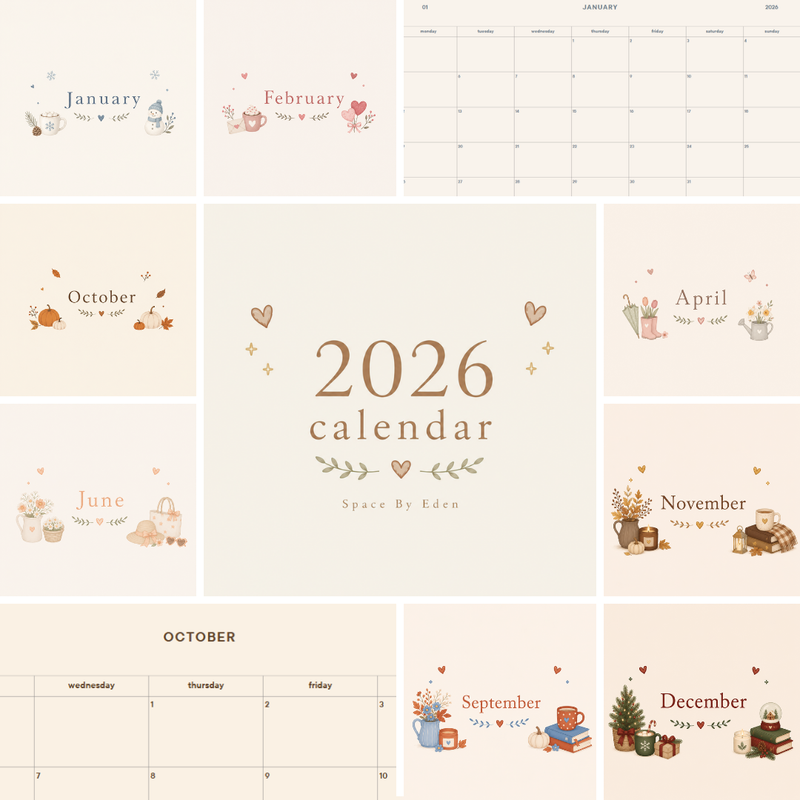 A collage displaying a 2026 aesthetic digital calendar bundle featuring minimalist monthly planners and seasonal cover designs on a cream background.