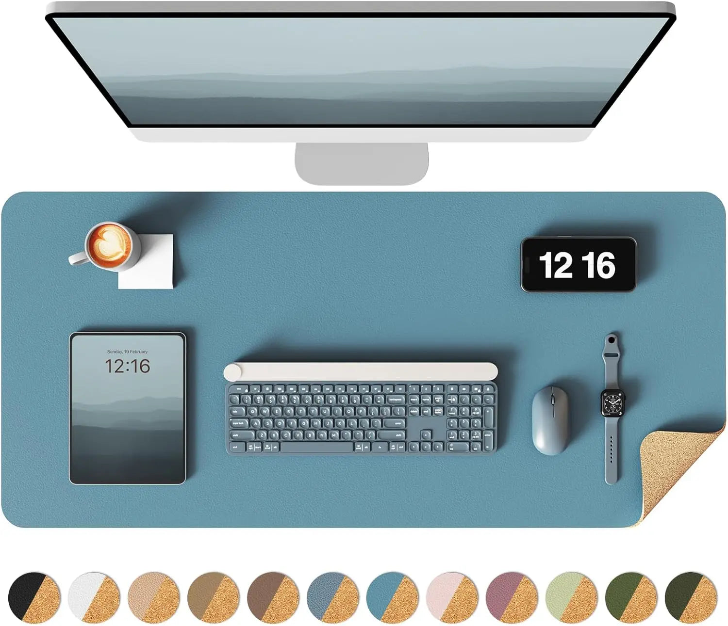 blue leather desk mat minimilistic with eco friendly cork