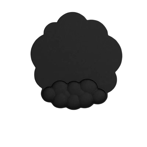 Black cloud-shaped mouse pad featuring an integrated cloud bubble wrist support cushion isolated on a transparent background