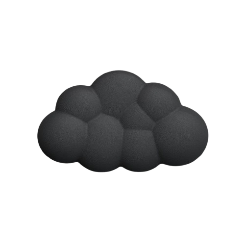 Black cloud-shaped silicone foam hand rest featuring a cushioned bubble design isolated on a transparent checkerboard background.