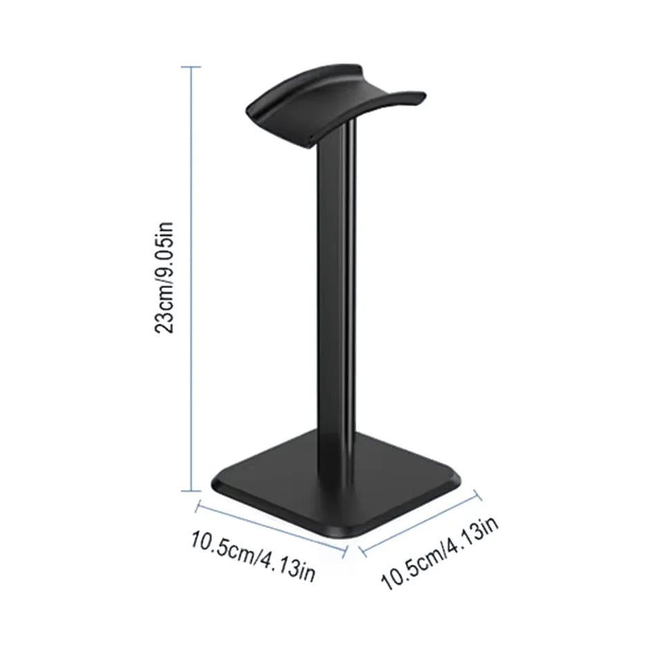 Minimalist black gaming headset stand with a curved top cradle and a square base isolated on a clean white background.