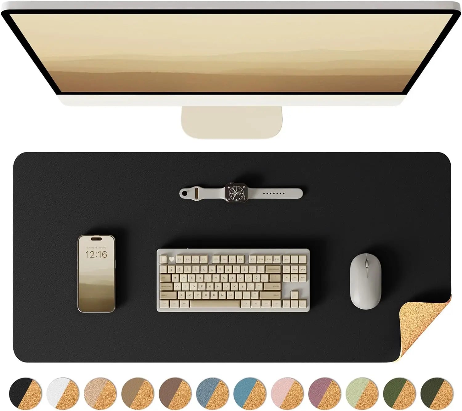 Black desk mat with office items on a white background