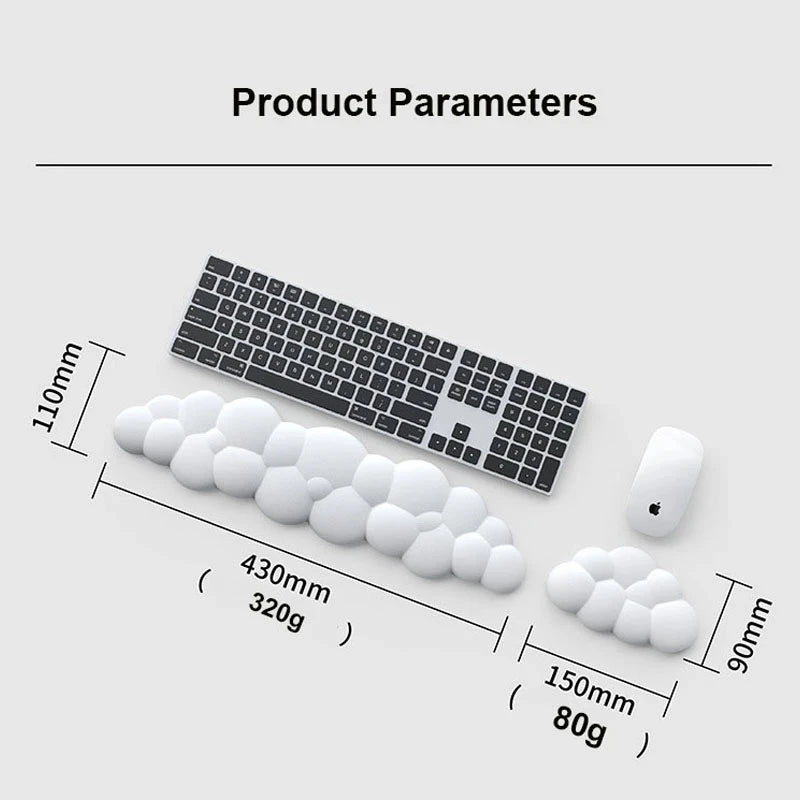 Product parameters diagram for a white cloud keyboard wrist rest measuring 430 by 110 millimeters weighing 320 grams, and a matching mouse wrist rest measuring 150 by 90 millimeters weighing 80 grams.
