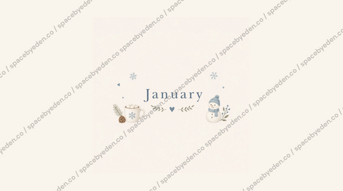 Aesthetic January digital calendar cover featuring a cute snowman, a hot cocoa mug, and delicate winter illustrations on a cream background.