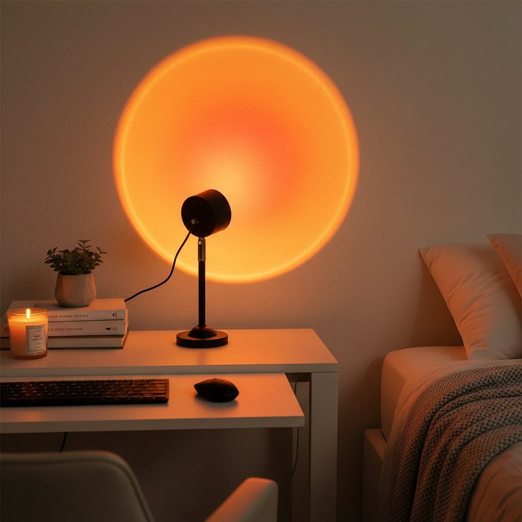 Black LED sunset projection lamp casting a warm orange and yellow circular glow onto a wall on a bedroom desk setup.
