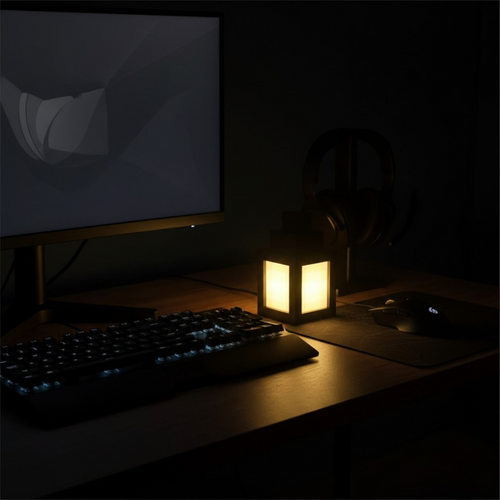 A glowing Minecraft style square lantern desk lamp emitting a warm yellow light on a dark wooden gaming desk next to a mechanical keyboard