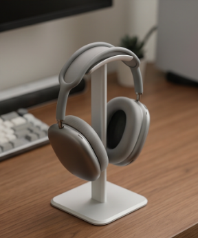 A sleek white aluminum headphone stand holding silver over-ear headphones on a natural wooden office desk next to a mechanical keyboard.
