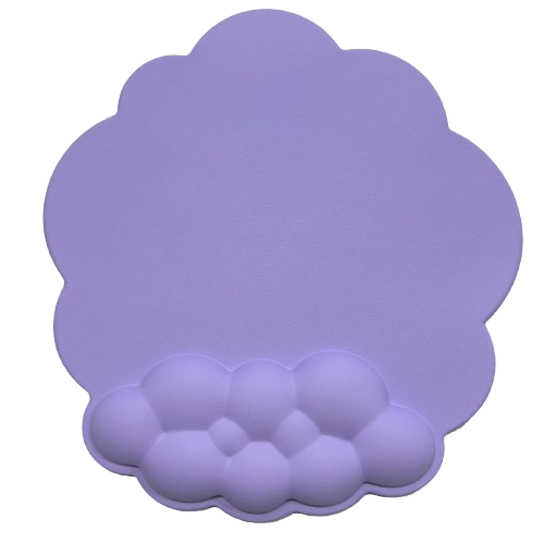 Purple cloud-shaped mouse pad featuring an integrated cloud bubble wrist support cushion isolated on a transparent checkerboard background.