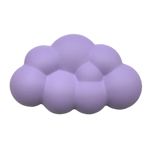 Purple cloud-shaped silicone foam hand rest featuring a cushioned bubble design isolated on a transparent checkerboard background.
