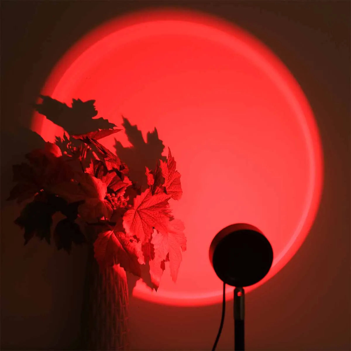 Sunset projection lamp set to a deep red color mode casting a circular ambient glow on a wall behind a vase with autumn leaves.