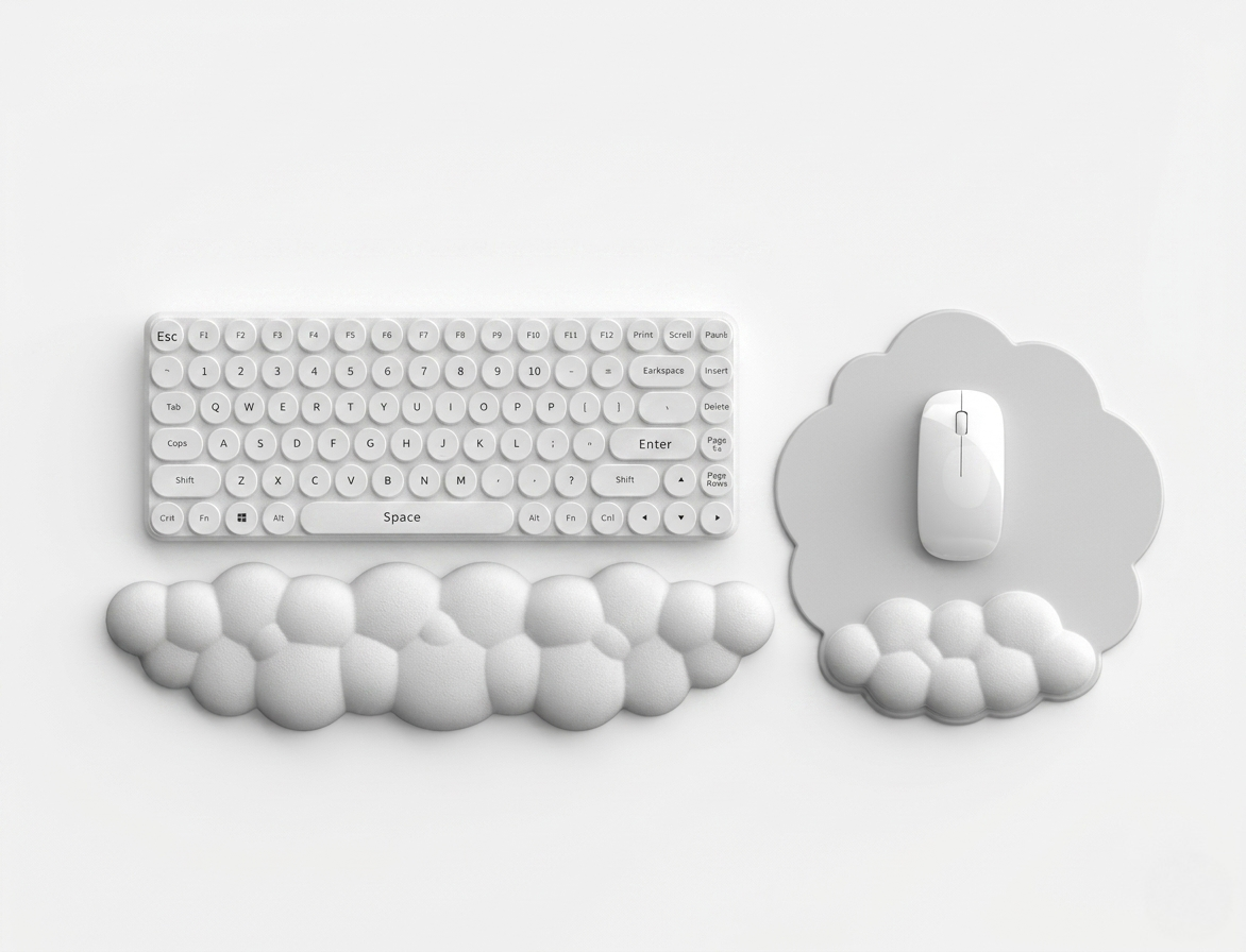 White cloud-shaped keyboard wrist rest and matching cloud mouse pad with integrated wrist support on a clean white desk background.