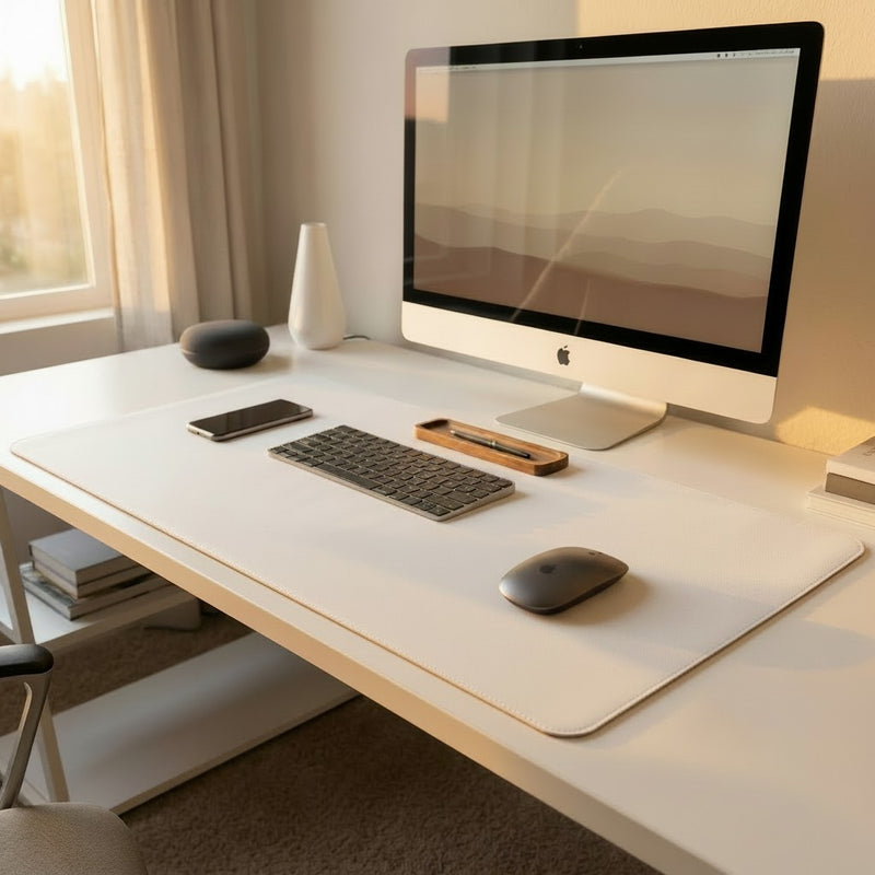A large minimalist white leather desk mat with natural cork backing laid out on a clean white desk under warm afternoon sunlight, featuring an Apple mouse and keyboard.